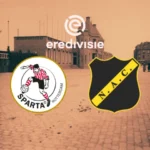 "Historische achtergrond van een straat in Rotterdam met het logo van Sparta Rotterdam en NAC Breda, geplaatst onder het Eredivisie-logo. Begeleid artikel: 'De mijter is opgeborgen, gaat Sparta eindelijk voor zichzelf zorgen?'"