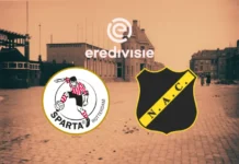 "Historische achtergrond van een straat in Rotterdam met het logo van Sparta Rotterdam en NAC Breda, geplaatst onder het Eredivisie-logo. Begeleid artikel: 'De mijter is opgeborgen, gaat Sparta eindelijk voor zichzelf zorgen?'"