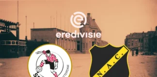 "Historische achtergrond van een straat in Rotterdam met het logo van Sparta Rotterdam en NAC Breda, geplaatst onder het Eredivisie-logo. Begeleid artikel: 'De mijter is opgeborgen, gaat Sparta eindelijk voor zichzelf zorgen?'"